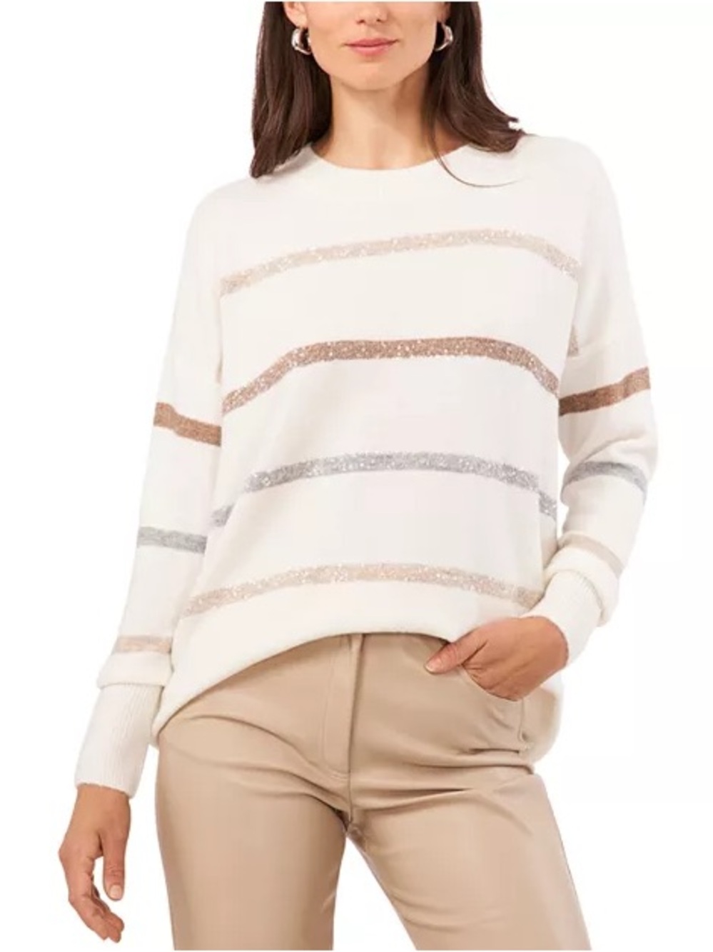 Vince Camuto Cream Crewneck Sweater with Metallic Stripes